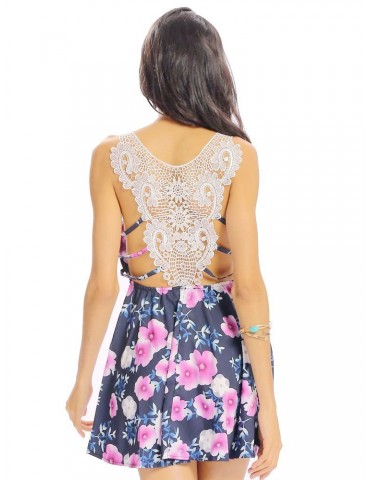 Women Sexy Floral Print Hollow Lace Stitching Spaghetti Strap Dress