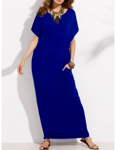 Sexy Hollow Backless Loose O-neck Short Sleeve Women Maxi Dress