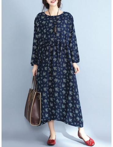 Vintage Casual Women Long Sleeve O-Neck Floral Print Dresses