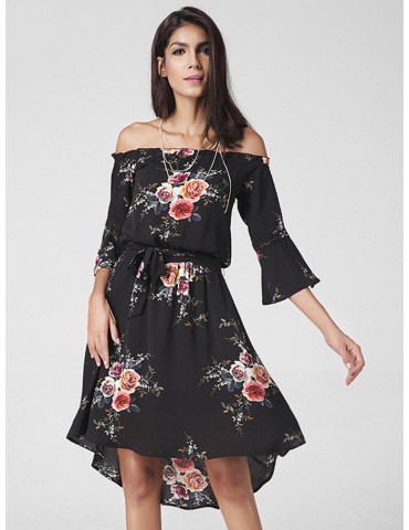 Lztlylzt Floral Print Off-shoulder Irregular Horn Sleeve Women Dress