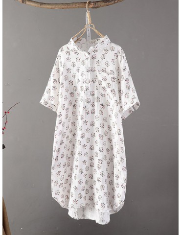 Printed Short Sleeve Turn-down Collar Shirt Dresses