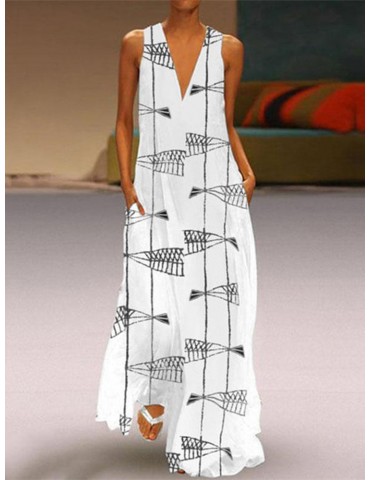 Print Fish Sleeveless V Neck Casual Maxi Dress