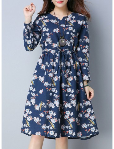 Casual Floral Print Drawstring Waist Long Sleeve Women Dresses