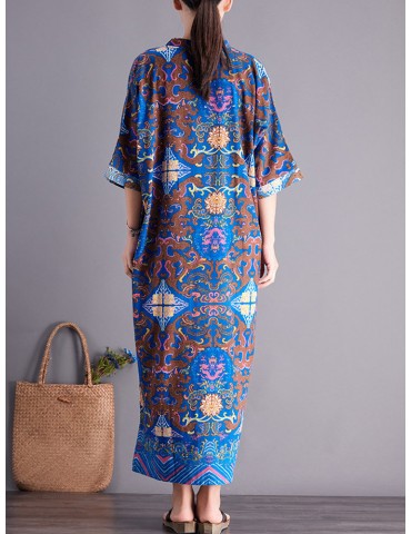 Side Splited Folk Style Print Half Sleeve Vintage Dresses