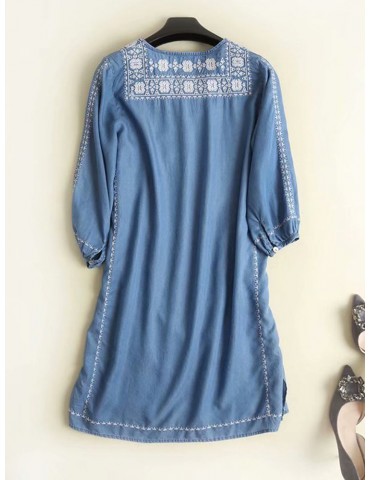 Denim Embroidery Half Sleeve V-neck Casual Dresses