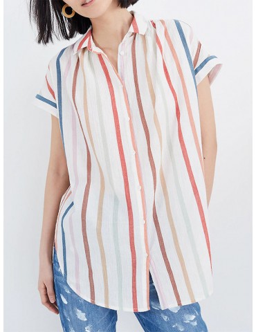 Multicolor Stripe Irregular Short Sleeve Shirt For Women