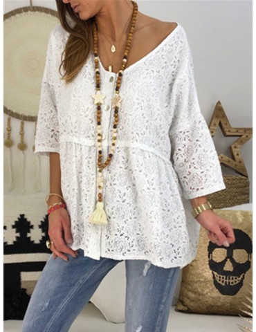 Lace Button Solid Color V Neck Casual Blouse