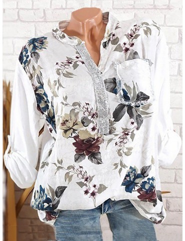 Floral Print Sequins Long Sleeve Shirt