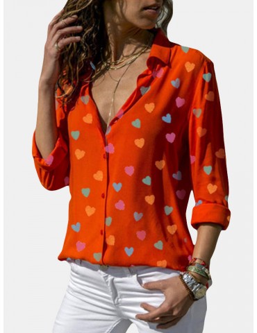 Print Heart Turn Down Collar Button Casual Blouse