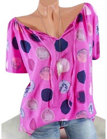 Polka Dots Short Sleeve V-neck Casual Shirts