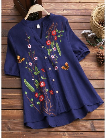 Stand Collar Floral Embroidered Short Sleeve Vintage Blouses