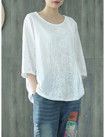 Lace Solid Color Hallow 3/4 Sleeve Casual Blouse