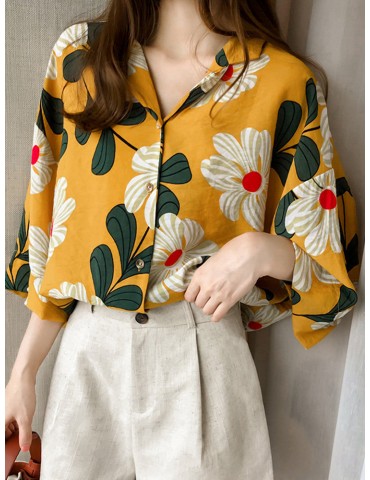 Floral Printed 3/4 Sleeve Turn-down Collar Shirts