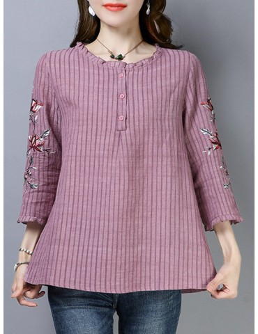 Floral Embroidery Stripe 3/4 Sleeve Blouse For Women