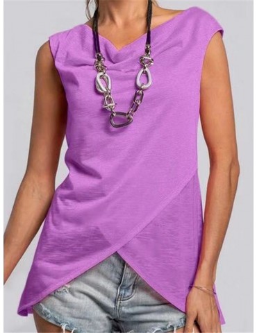 Asymmetrical Hem Sleeveless Solid Color Casual T-Shirt