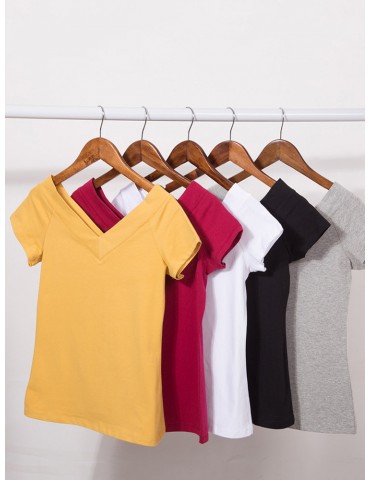 Cotton Solid Color Double V-neck Short Sleeve T-shirts