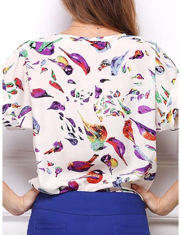 Chiffon Print O-neck Short Sleeve T-shirt For Women