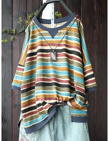 Striped Short Sleeve Round Neck Women T-Shirt