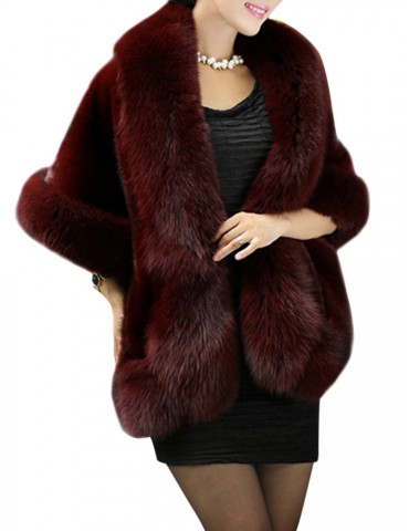 Women Faux Fur Batwing Sleeve Shawl Cloak Coats