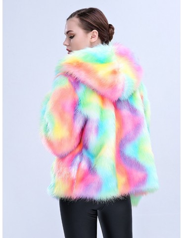 Women Christmas Cosplay Colorful Faux Fur Hooded Warm Coats