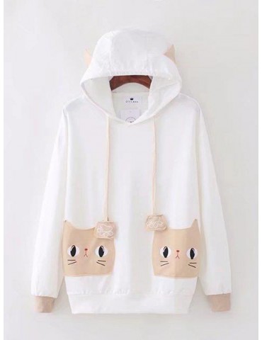 Long Sleeve Cat Print Decoration Pullover Fall Pocket Drawstring Hoodie