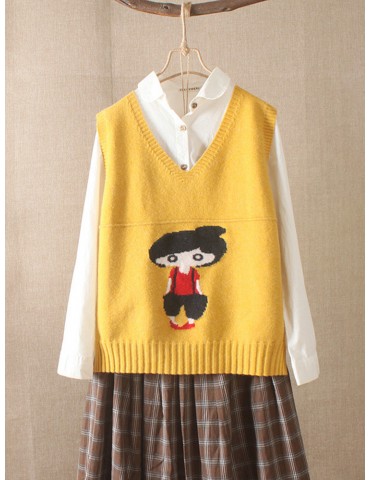 Vintage Print Little Girl V Neck Vest Sweater