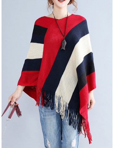 Color Matching Tassel V-neck Bat Pullover Sweater