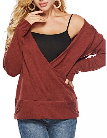 Knit Solid Color V Neck Casual Sweater