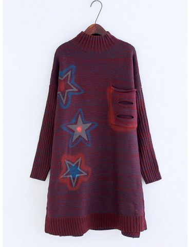 Stars Print Long Sleeve Patchwork Hollow Casual Women Sweater