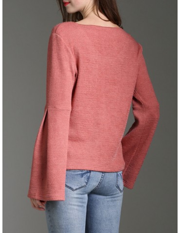 Solid Color Knitted Horn Sleeve Women Sweater