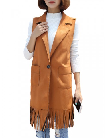 Fringed Suede Lapels Sleeveless Trench Coat Vest