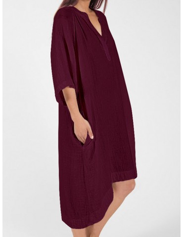 Casual V-neck 3/4 Sleeve High Low Loose Plus Size Dress