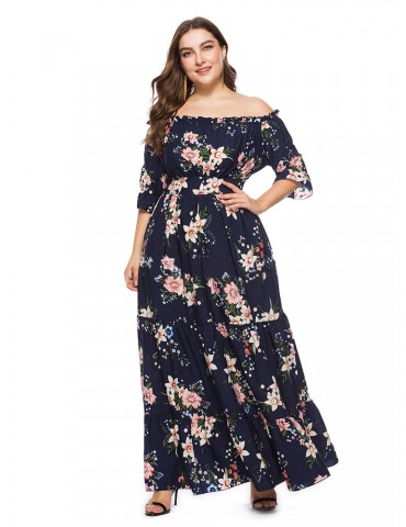 Print Off Shoulder Half Sleeve Maxi Dresses