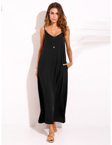 Sexy Women Bohemian Pure Color Backless V Neck Maxi Sundress