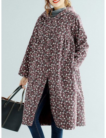 Vintage Print Hooded Long Coat for Women