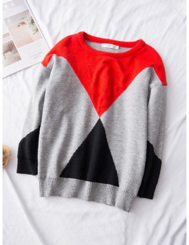 Patchwork Triangle Print Long Sleeve Plus Size Sweatshirt