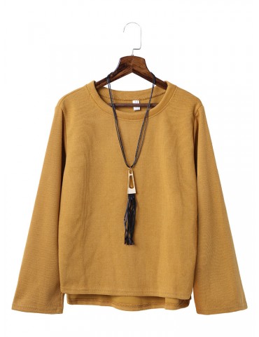 Loose Solid Long Sleeve O-Neck Blouse For Women