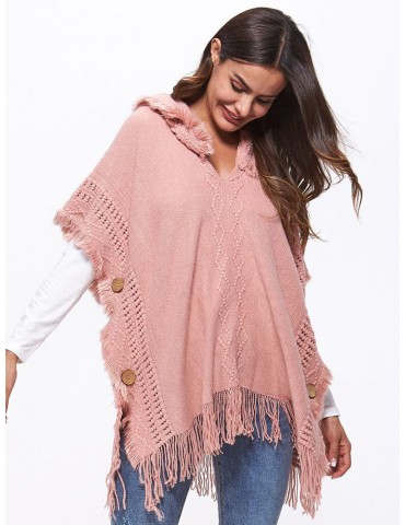 Solid Color Button Tassel Hooded Irregular Cardigan