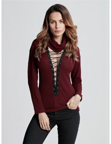 Sexy Solid Turtleneck Bandage Deep V-Neck Knit Tops For Women