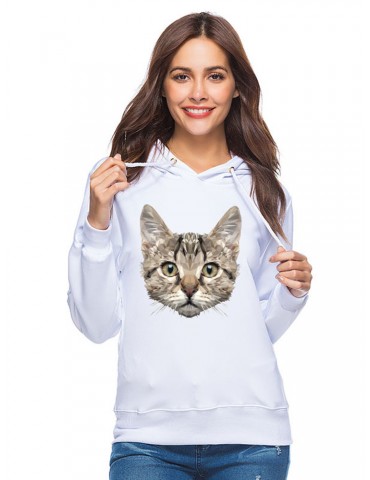 Casual Cartoon Cat Print Hoodies for Women