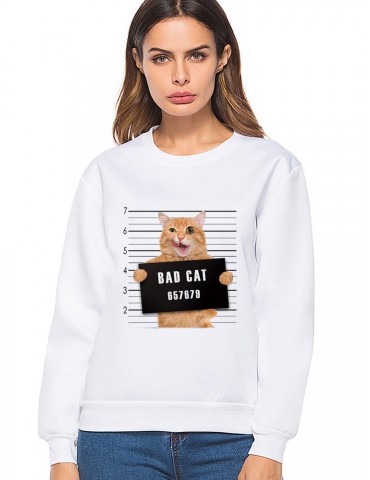 White Cat Print O-neck Sweatshirts for Women