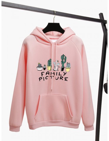 Casual Loose Cactus Print Drawstring Pocket Hoodie