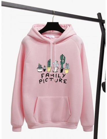 Casual Loose Cactus Print Drawstring Pocket Hoodie