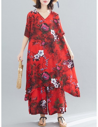 Vintage Chiffon Print Loose V-neck Blouse and Wide Leg Pants Suit