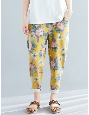 Vintage Print Pockets Elastic Waist Pants for Women