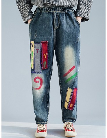 Vintage Cartoon Patch Elastic Waist Harem Denim Pants