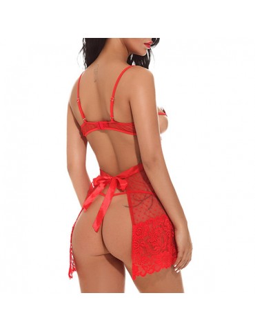 Sexy Lace Up Bowknot Open Cup T-back Nightwear