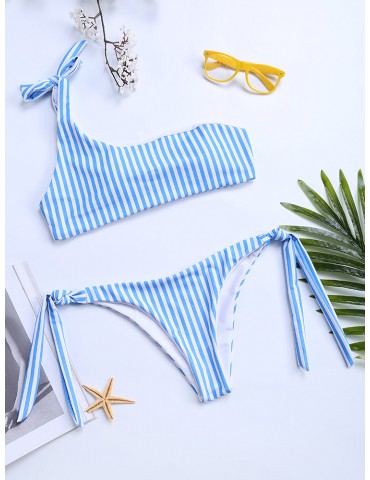 Stripe Tie Front Halter String Bowknot Bikinis One Piece Swimsuits Series For Women