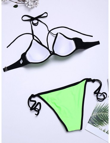 Sexy Fluorescent Mesh Halter String Embroidery Backless Solid Color Bikinis Swimsuits For Women