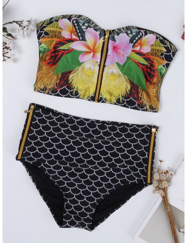 Front Zipper Fish Scale Plant Printing High Waist Strapless Tankinis Swimsuits For Women